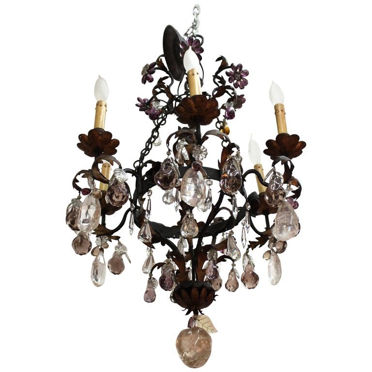 Rock Crystal Chandelier w Apples & Pears: Chandelier with carved rock crystal faceted pendants and fruit, apples and pears, on wrought iron frame. 37" H x 18" D.