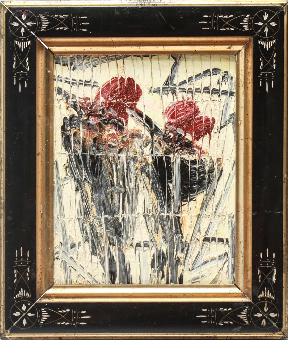 Hunt Slonem "Woodpeckers" Oil on Board: Hunt Slonem (American, b. 1951) "Woodpeckers," 1998, signature, title and date inscribed on reverse, oil on board with areas of heavy impasto. Image: 9.5" H x 7.5" W; frame: 14" H x 12" W x 1" D.