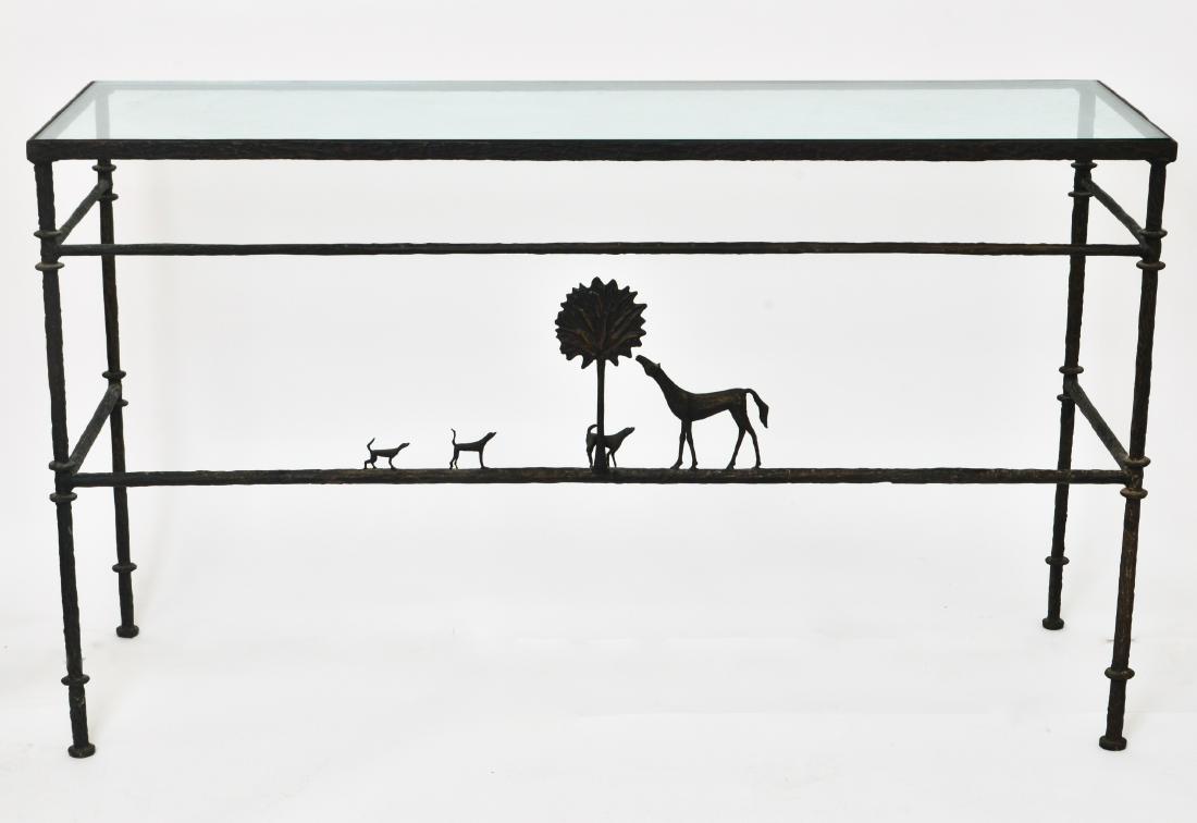 Diego Giacometti Manner Glass Top Console Table: Diego Giacometti (Swiss, 1902-1985) manner "La Promenade des Amis," cast bronze console table with horse, dogs and tree, and rectangular glass top. 35" H x 60" W x 19" D.
