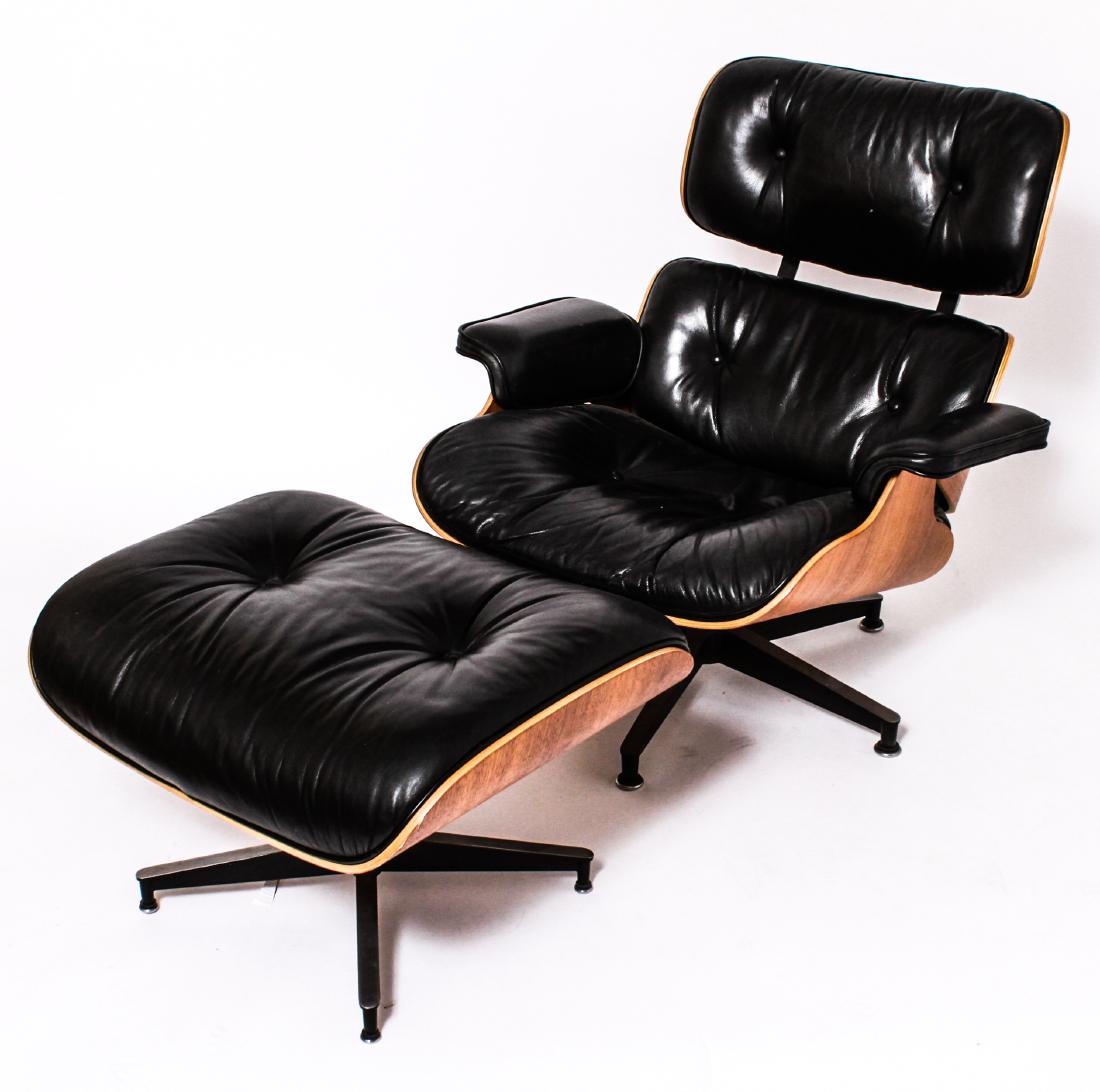 Eames for Herman Miller Lounge Chair and Ottoman: Charles and Ray Eames for Herman Miller mid-century modern lounge chair and ottoman, model numbers 670 and 671, wood frame with tufted black leather upholstery, swivel aluminum base, Herman Miller sti