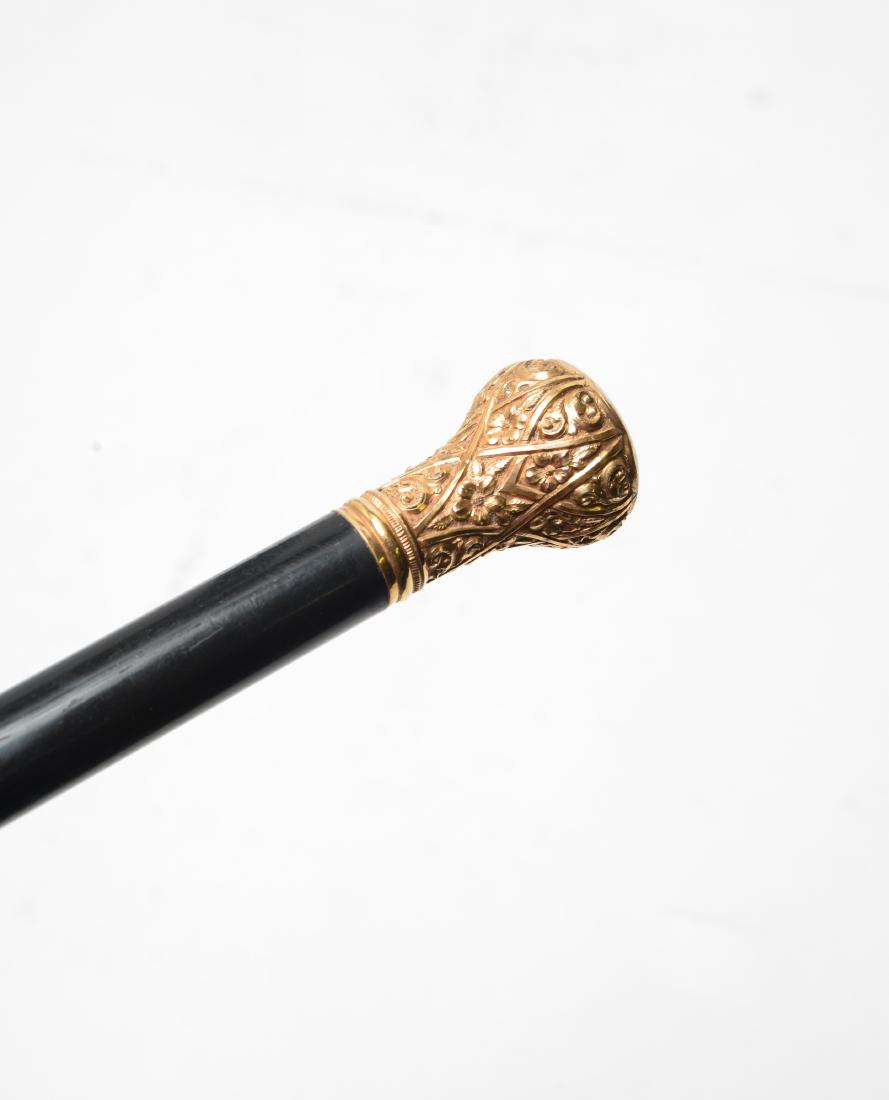 14K Gold-Plate & Ebonized Wood Cane Walking Stick: 14K gold-plated repousse and ebonized wood cane / walking stick with metal ferrule, monogrammed. 36" L.