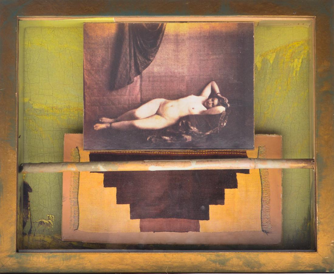 Michaele Vollbracht "Nude" Mixed Media Collage: Michaele Vollbracht (American, 1947-2018) "Nude vintage photo print," mixed media collage in shadow box frame. Image: 7.25" H x 9" W; framed: 8.75" H x 10.5" W x 2.5" D. From the Estate of fashion exe