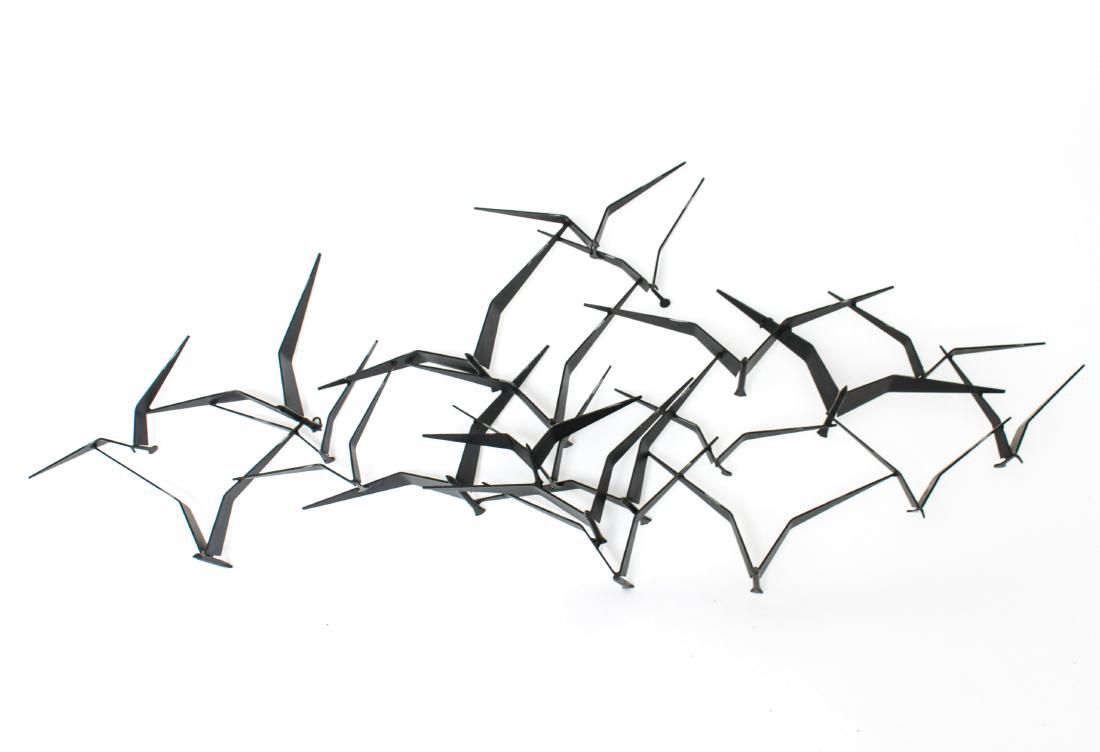 Curtis Jere "Flock of Birds" Cast Metal Sculpture: Curtis Jere "Flock of Birds" cast metal modern hanging wall sculpture with black finish. 23" H x 56" W x 8" D.