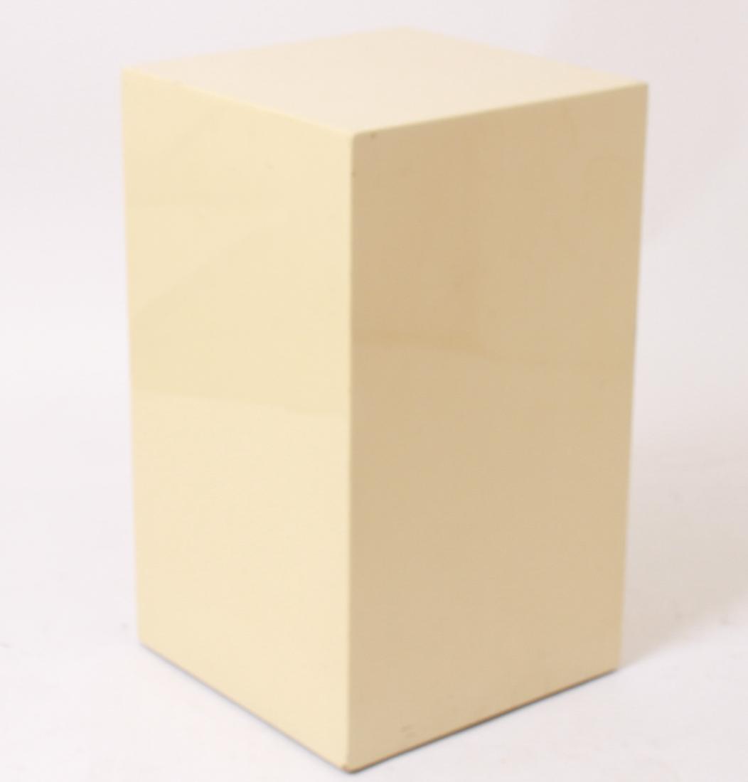 Intrex Modern Off White Lacquered Display Pedestal: Intrex modern off-white lacquered square top display pedestal, maker's sticker underside. 23.75" H x 14" square. Minor scuffs.