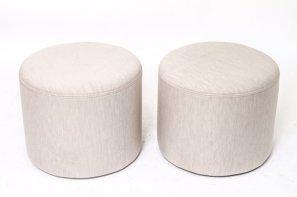 Hem: Hem Swedish modern 'Bon Round' upholstered stools / poufs / ottomans, grey / cream upholstery, maker's tags at side. 16" H x 19.5" diameter.
