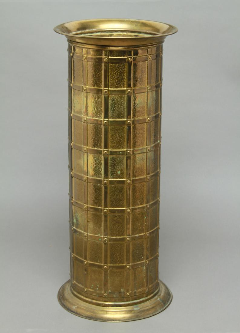 English Brass Umbrella Stand, Vintage: Vintage English brass umbrella stand with lattice motif, reverse marked "made in England." 19.25" H x 8.25" diameter.