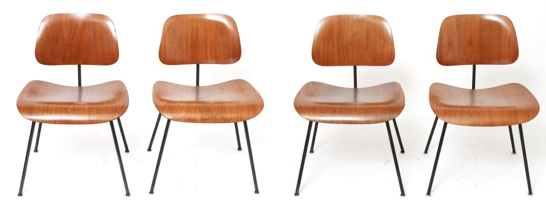Charles & Ray Eames for Herman Miller DCM Chairs 4: Chales & Ray Eames for Herman Miller mid-century modern DCM side chairs, group of four, maker's label underside. 29" H x 21" W x 19.5" D.
