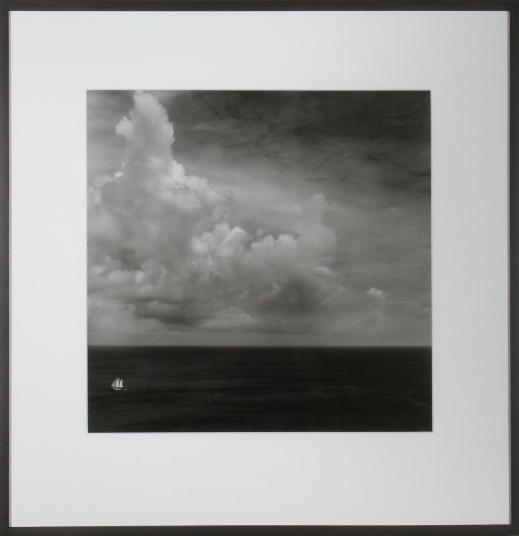 Sally Gall Sailboat Gelatin Silver Print Photo: Sally Gall (American, b. 1956) Sailboat, gelatin silver print, black and white photograph, signed and titled on reverse "Evidence of Wind." Image: 14.75" x 14.75" W; frame: 23.25" H x 22.5" W x 1.5" D