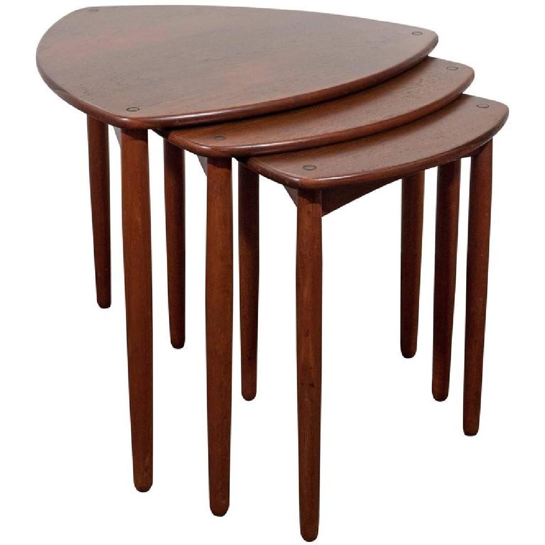 Madsen & Larsen for Willy Beck Nesting Tables, 3: A. Bender Madsen & Ejner Larsen for cabinetmaker Willy Beck Danish mid-century modern nesting tables, set of 3, curved triangular tops, with exposed dowels, on three straight peg legs, one table under
