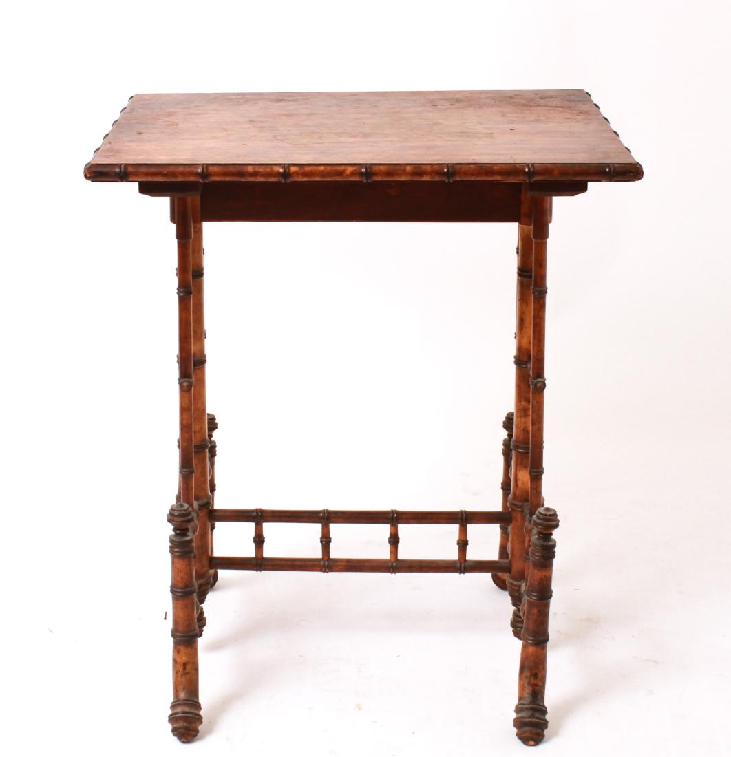Aesthetic Movement / Victorian Occasional Table: Aesthetic movement / Victorian occasional table, rectangular top over bamboo trestle base with stretcher. 28.75" H x 24.25" W