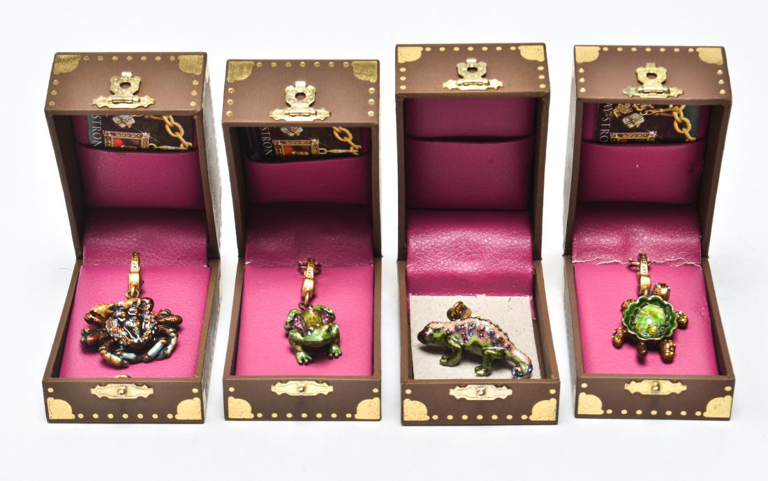 Jay Strongwater Enameled Metal Animal Charms, 4: Jay Strongwater enameled metal and crystal jewelry charms, comprising turtle, crab, frog, and chameleon, all marked "Jay Strongwater" & in original boxes. Largest: 2" H x 1.5" W.