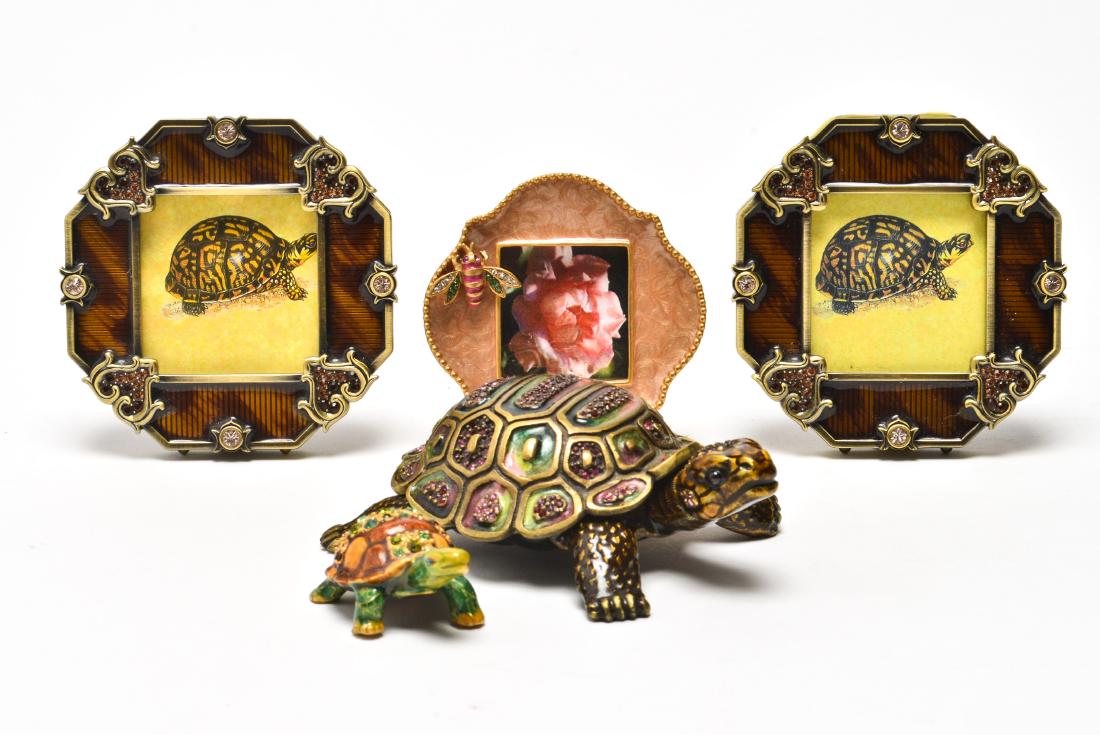 Jay Strongwater Enameled Metal Turtles & Frames 5: Jay Strongwater group of five enameled metal crystal encrusted turtles and frames, one pair of frames with brown enamel, one frame with bee, a turtle box and small figurine, all marked "Jay Strongwate