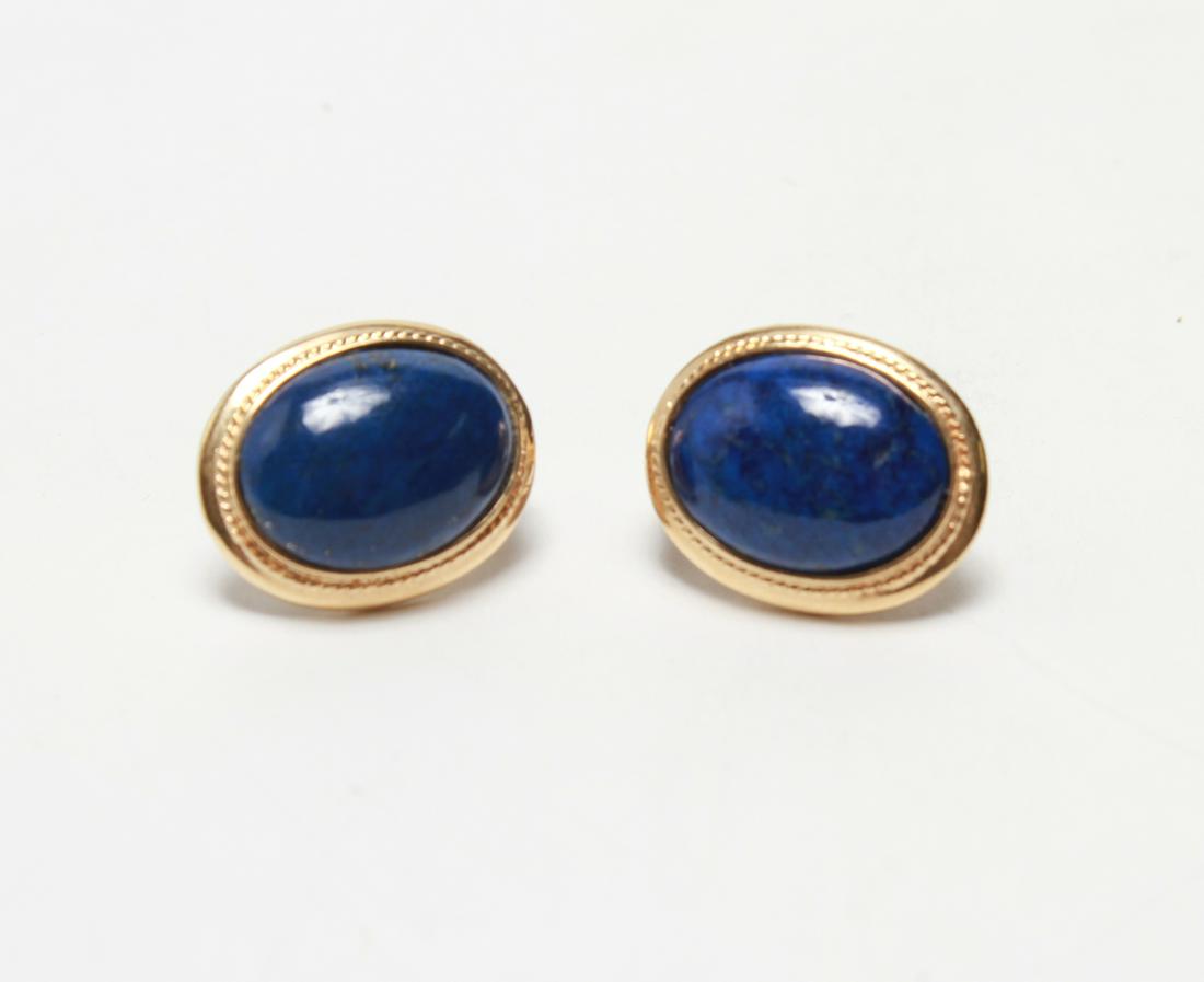 14K Yellow Gold & Oval Cabochon Lapis Earrings Pr (1 of 3)