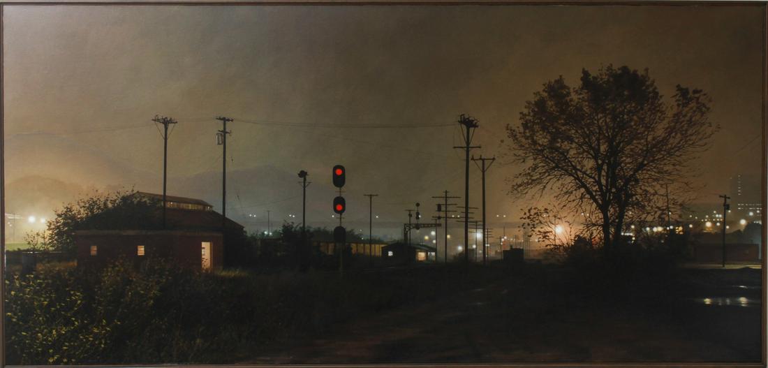 Stephen Fox "Distant Rumble" Oil on Canvas: Stephen Fox (American, b. 1957) "Distant Rumble," 1985, urban nocturne with train tracks, signed and titled verso with OK Harris (NYC) gallery label, oil on canvas. Image: 33" H x 70" W; frame: 34" H