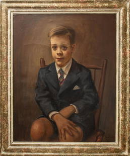 Saul Schary "Portrait of a Boy" Oil on Canvas: Saul Schary (American, 1904-1978) "Portrait of a boy," depicting young boy in suit with hands in lap, signed and dated lower right "Schary 1951," oil on canvas. Image: 29.5" H x 23.5" W; frame: 36.25"