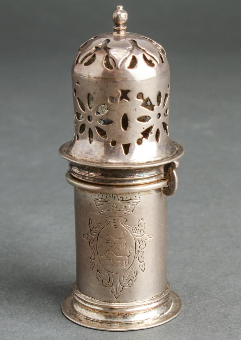 Dutch Silver Pierced Child's Mini Caster 19th C.: Dutch silver pierced and engraved child's mini caster / castor, hallmarked, dolphin / fish mark, 1859-1893. 3.25" H. Approx 1.82 ozt.