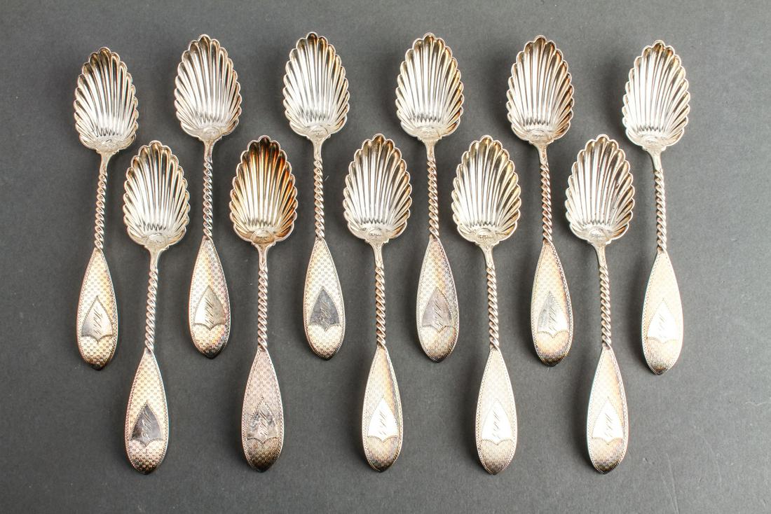 Bailey & Co. Silver Five-O-Clock Spoons Set of 11: Set of eleven Bailey & Co. sterling silver five-o-clock spoons, shell-form bowls, twist handle, engraved with shield motif, monogrammed, hallmarked, George Sharp: " Bailey & Co. / S / England," 19th c