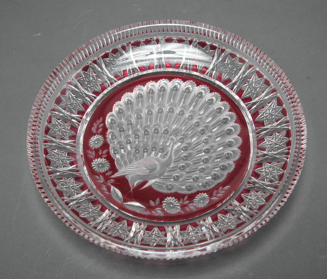 Peacock Cut to Clear Cranberry Glass Plate (1 of 8)