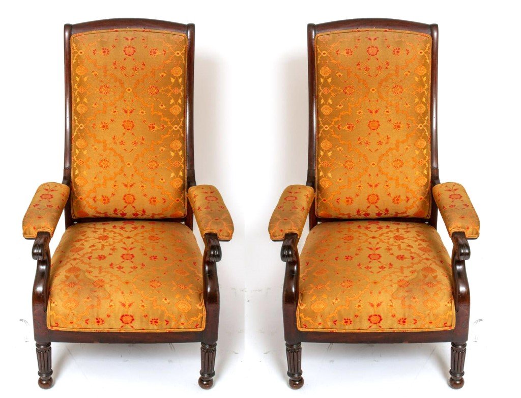 Victorian Carved Wood & Upholstered Arm Chairs, Pair (1 of 8)