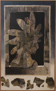 Si Lewen "Abstract" Mixed Media Collage Canvas: Si Lewen (Polish-American, 1918-2016) "Abstract" mixed media collage canvas on canvas, signed on reverse: "Si Lewen '65-'76." Image: 46" H x 28" W; frame: 46.75" H x 28.5" W x 1.25" D.