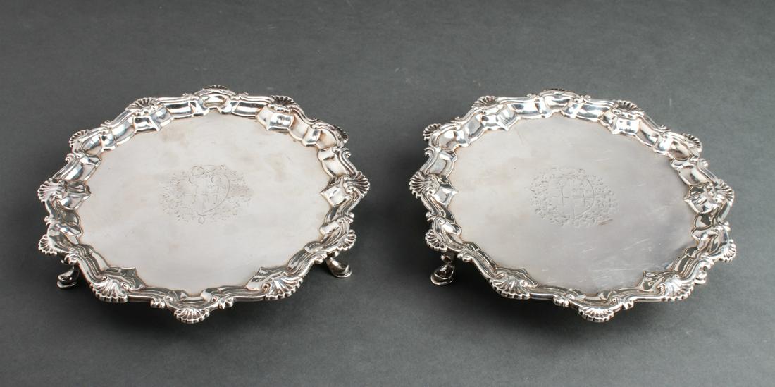 English Georgian Silver Salvers 1755, Pair (1 of 4)