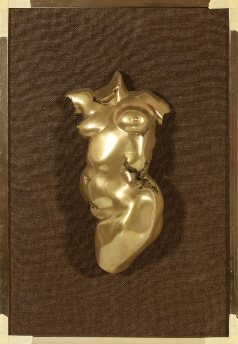 Giovanni Schoeman Nude "Torso" Metal Sculpture: Giovanni Schoeman (South African, 1940-1980) "Torso" female nude figure, bas-relief metal sculpture, signed and dated: "Schoeman 1974," Glen Cove Sculpture Works. Image: 12" H x 6.25" W x 2.5" D; fram