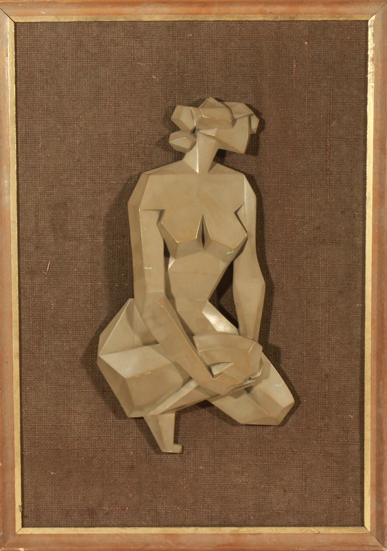 Giovanni Schoeman "Crouching Woman" Sculpture: Giovanni Schoeman (South African, 1940-1980) female nude figure, bas-relief metal sculpture. 25" H x 17.5" W x 2" D. Surface abrasions.