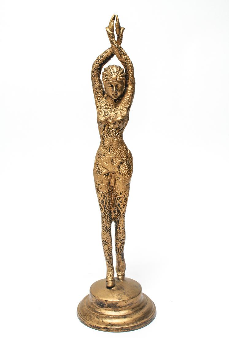 Erte Manner Underwater Female Nude Metal Sculpture: Erte manner "Underwater female nude" metal sculpture with gold painted finish, woman adorned with sea creatures including starfish and squid, round base. 21.5" H x 5.75" diameter.