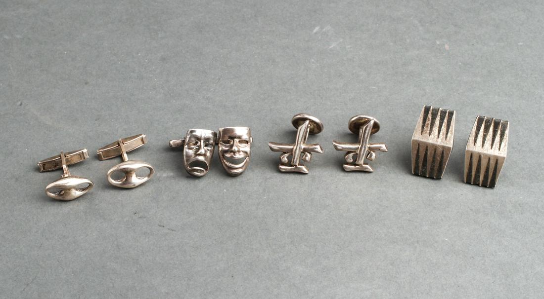 Silver Cufflinks incl. Cecilia Tono, 4 Pairs: Four pairs of silver cufflinks, comprising Cecilia Tono Taxco Mexico with geometric pattern inlay, oval with round piercings and marked "925," comedy and tragedy masks, and Chinese characters inscribe