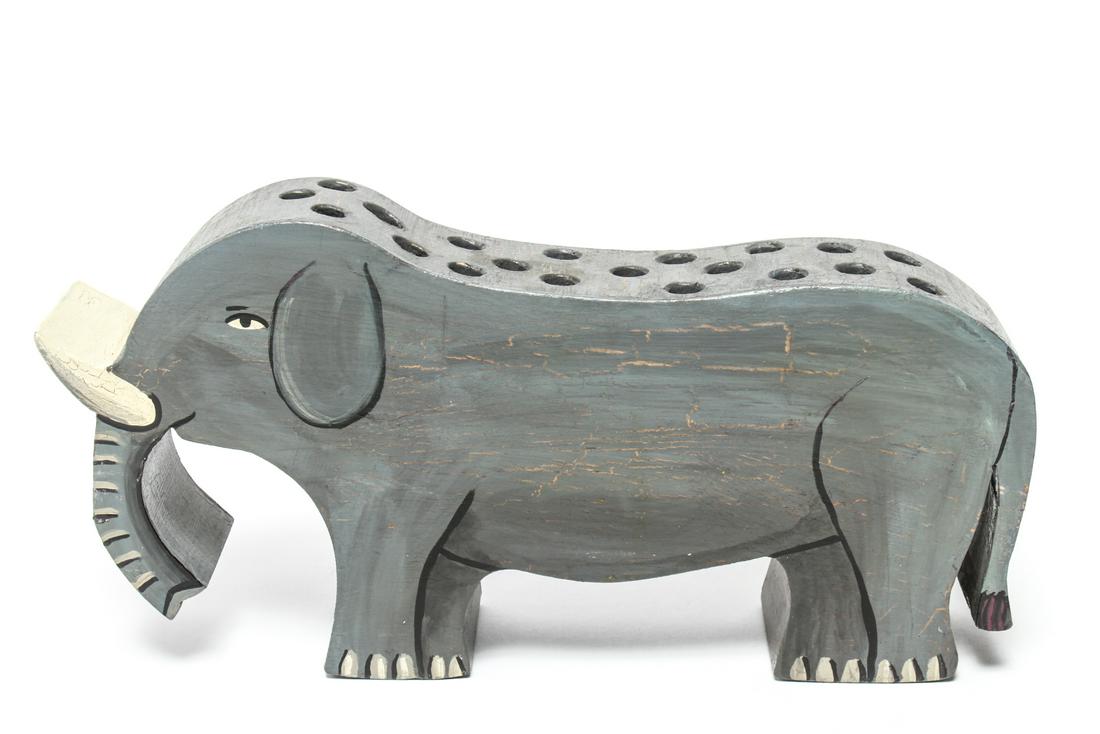 Braeland "L'Elephant" Folk Art Pen Holder: Braeland "Le Elephant" folk art carved wood hand-painted pen holder / desk sculpture, marked underside "No. 6 "Le Elephant (c) 2002 Limited Edition by Braeland 2004." 5.5" H x 11.25" L x 2" D.