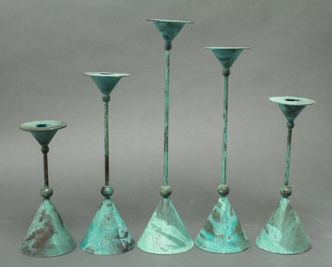 Graduated Candlesticks Metal w Verdigris Patina, 5 (1 of 4)