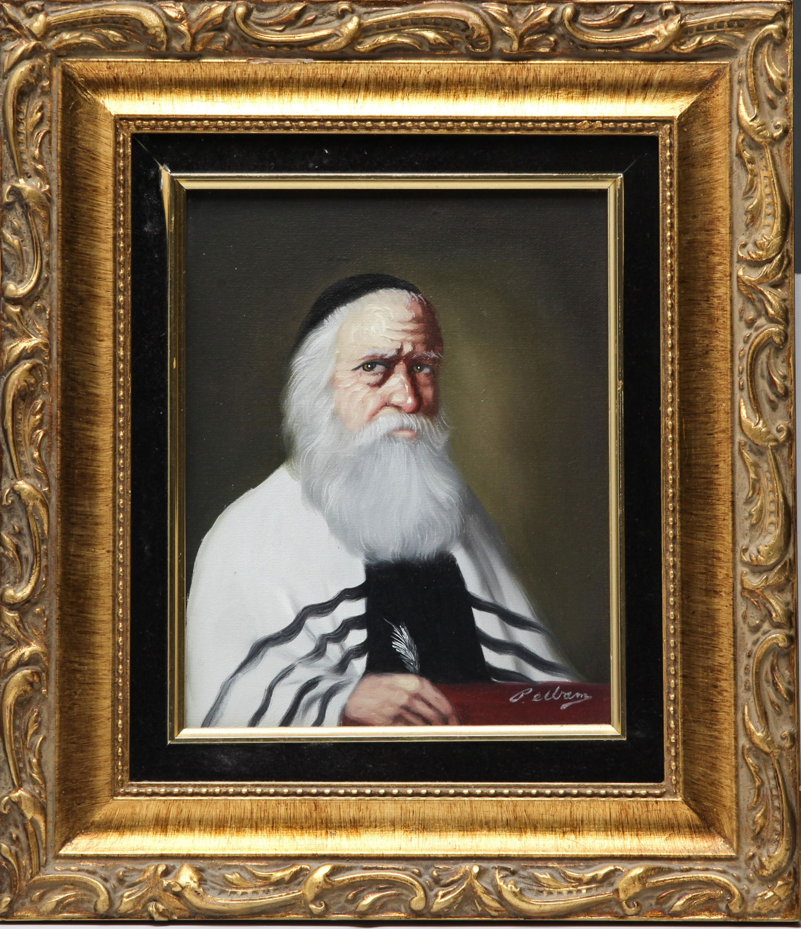 Bellam Portrait of a Rabbi Oil on Canvas: Bellam portrait of a Rabbi with a feather pen, signed lower right , "Bellam," oil on canvas. Image: 10" H x 8" W; frame: 16" H x 14" W.