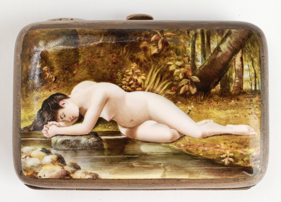 Silver & Enamel Erotic Nude "Nymph" Cigarette Case: English sterling silver and enamel "The Nymph Echo," erotic nude woman cigarette case, depicting a reclining nude woman by a stream in a landscape, Barnet Henry Joseph (active from1890-1910) , hallmar