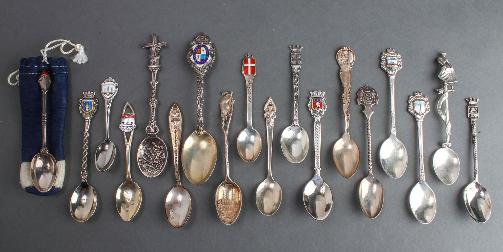 Silver & Enamel Souvenir Spoons Group of 18 (1 of 19)