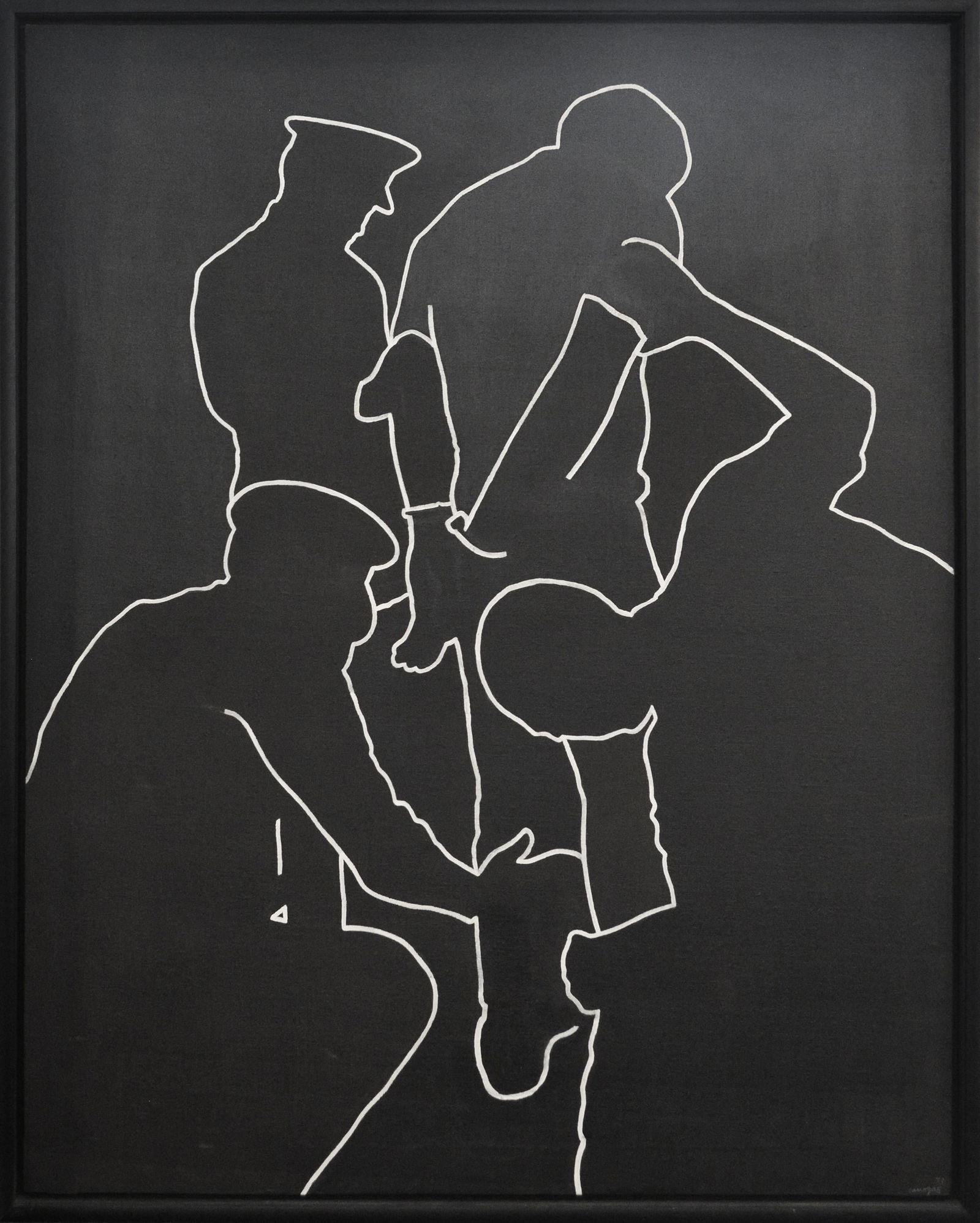 Rafael Canogar "El Cacheo" Oil on Canvas: Rafael Canogar (Spanish, b. 1935) "El Cacheo," 1973, oil on canvas, depicting line composition of police officers arresting figures. Signed lower right "Canogar '73," and inscribed on reverse "R. Cano