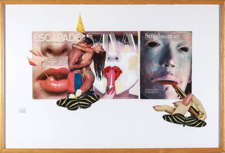 Michaele Vollbracht "Lipsticks" Mixed Media: Michaele Vollbracht (American, 1947-2018) "Magazine covers with lipstick and butterfies," signed: "Michaele Vollbracht," mixed media / collage. Image: 23" H x 34..5" W; framed: 24.5" H x 36.25" W x 1"