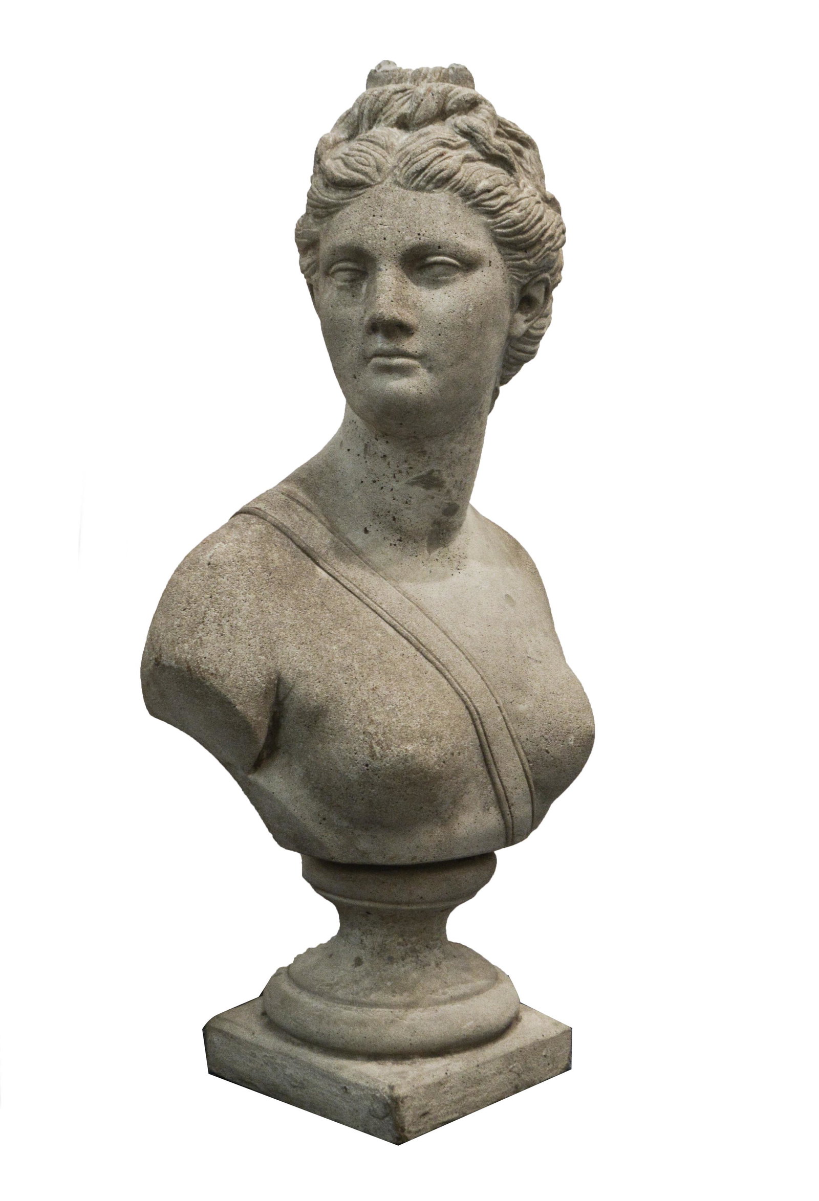 Bust of Venus / Woman Cast Concrete Sculpture: Portrait bust of Venus / woman, cast concrete sculpture. 29.5" H x 16" W x 9" D.