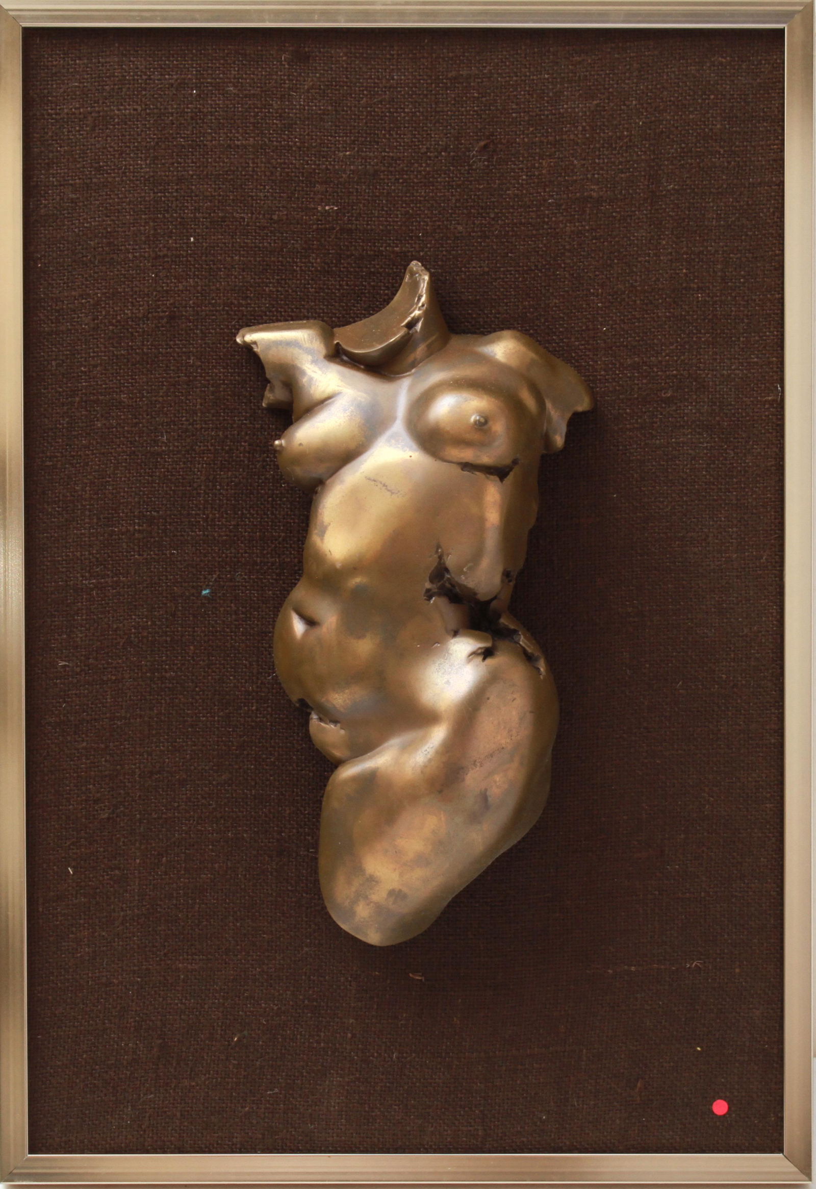 Giovanni Schoeman Nude "Torso" Metal Sculpture: Giovanni Schoeman (South African, 1940-1980) "Torso" female nude figure, bas-relief metal sculpture, signed and dated: "Schoeman 1974," Glen Cove Sculpture Works. Overall: 19.5" H x 13.25" W.