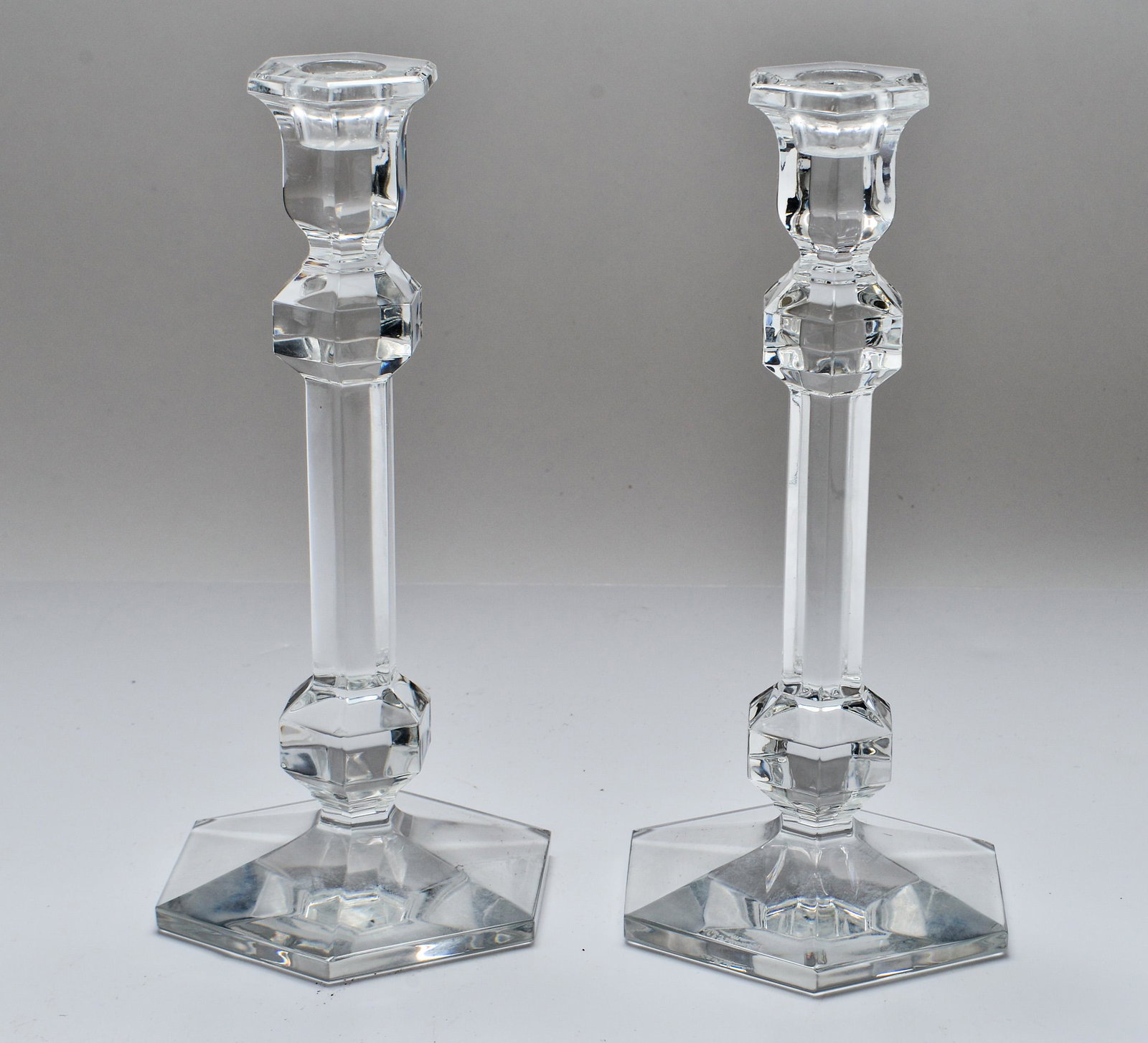 Pair of Val St. Lambert 'Gardenia' Candlesticks: Pair of Val St. Lambert 'Gardenia' candlesticks, with acid-etched maker's mark to the underside. 9.5" H.