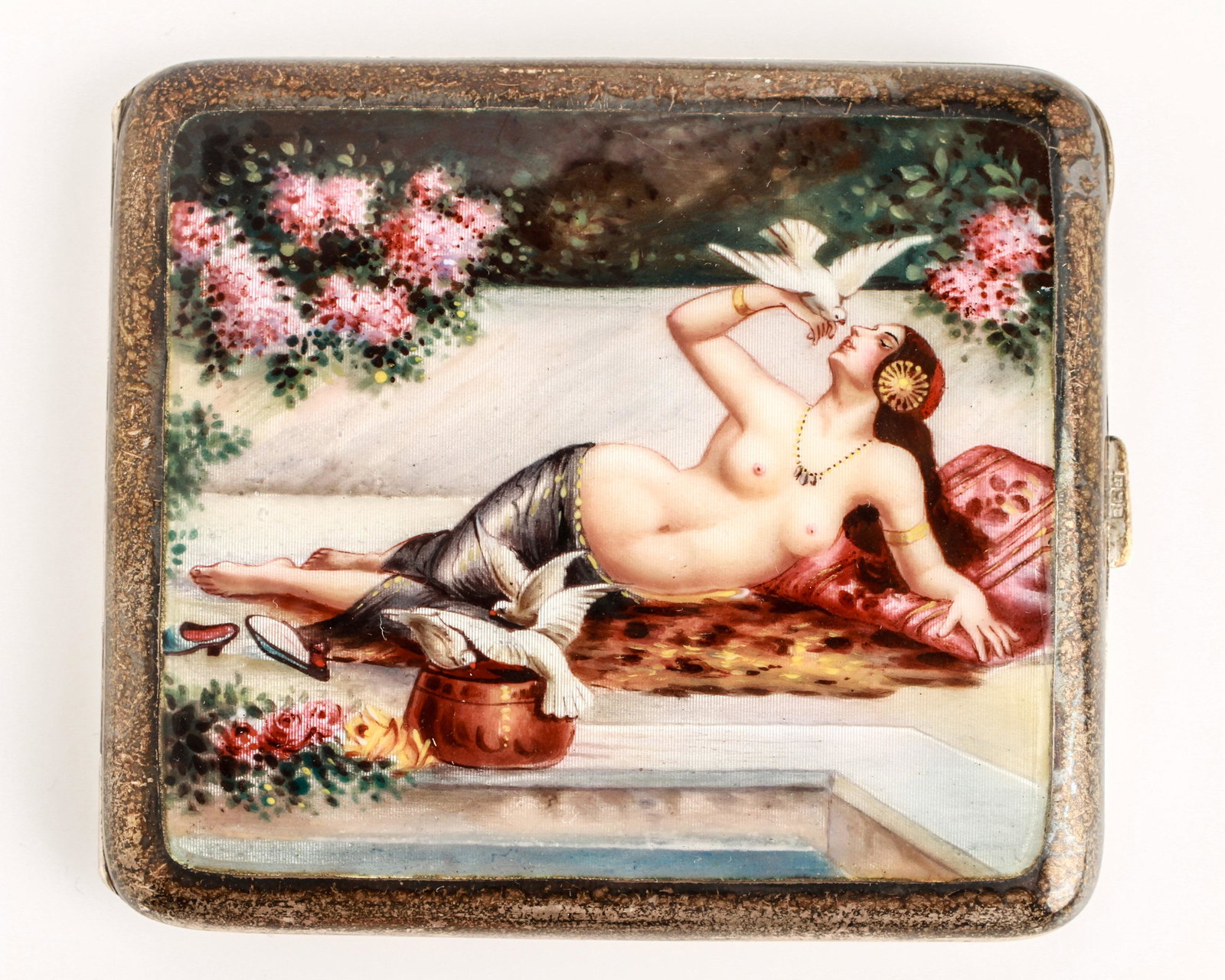 Silver & Enamel Erotic Odalisque Cigarette Case: Continental silver and enamel erotic cigarette case depicting a reclining nude woman partially draped with white doves / birds, hallmarked: "800 / G.B. / S." 3.125" H x 3" W. Approx 4.38 ozt inclusive