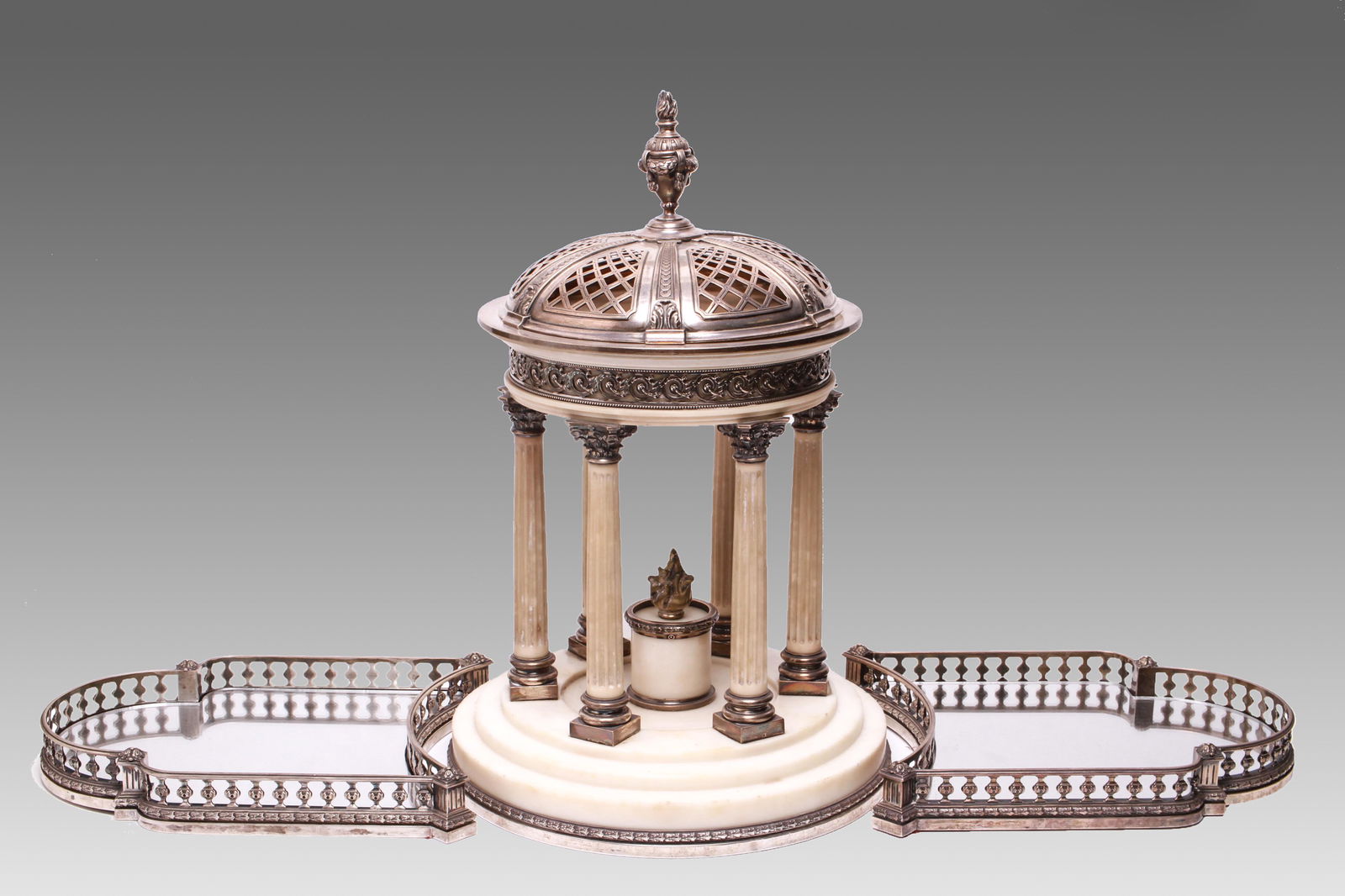 A Debain French Silver & Marble Centerpiece 19th C: Alphonse Debain (active 1883-1911) French silver and marble centerpiece, Paris, circa 1880, comprising three elements, rotunda-form with six silver Corinthian capitals and bases on fluted marble colum