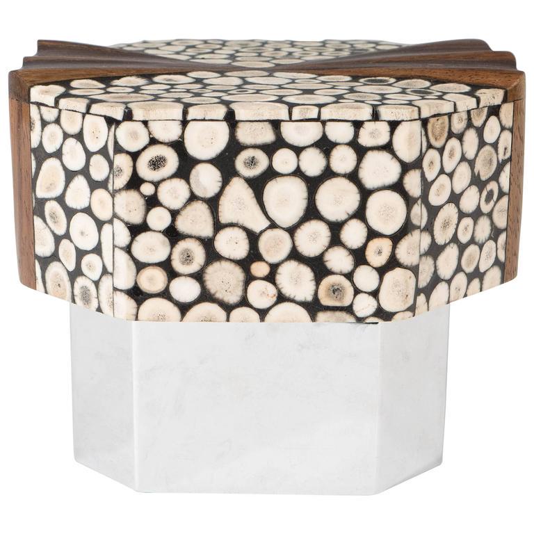Gene Jonson & Robert Marcius Modern Dresser Box: Gene Jonson and Robert Marcius modern dresser box, circa 1970, elaborate lid veneered in exotic woods and inlaid bone over an octagonal shaped chrome body, interior lined with black suede, bears maker