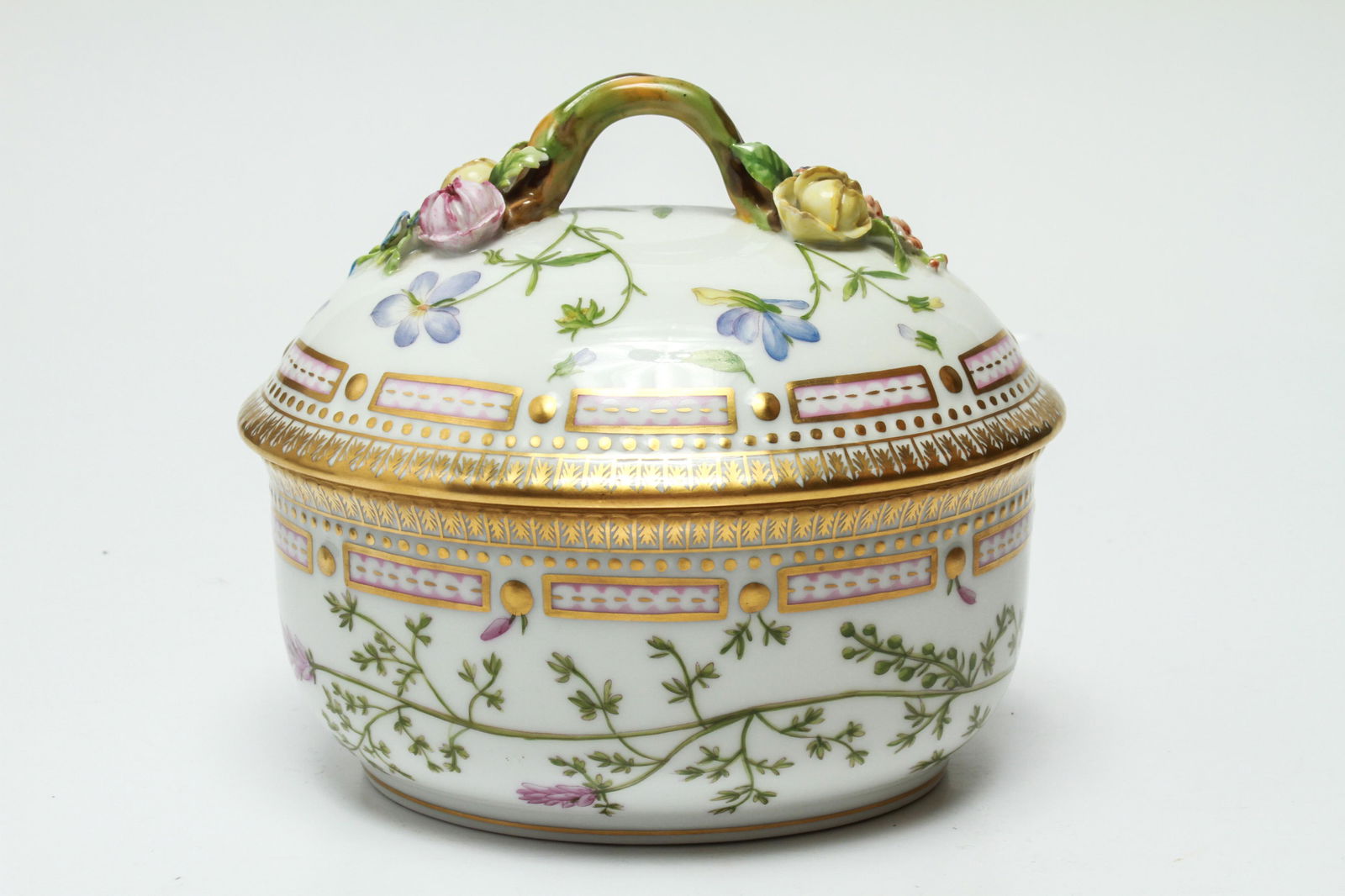 Royal Copenhagen "Flora Danica" Covered Sugar: Royal Copenhagen "Flora Danica" porcelain large covered sugar bowl, marked on underside of base "Fumaria micrantha Lag. Royal Copenhagen Denmark 20 / 3582," marked on underside of lid "Viola tricolor
