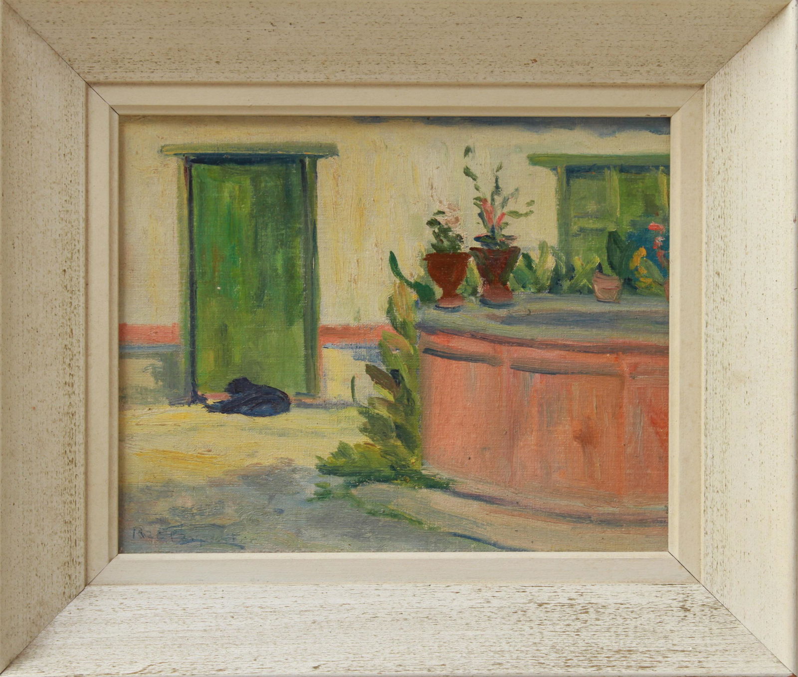 Rachel 'Rae' Carpenter "Taxco" Oil on Board: Rachel 'Rae' Carpenter "Taxco," oil on board, 1934, depicting counter with plants and reclining animal in doorway. Signed faintly lower left "Rae Carpenter," information label on reverse with artist n