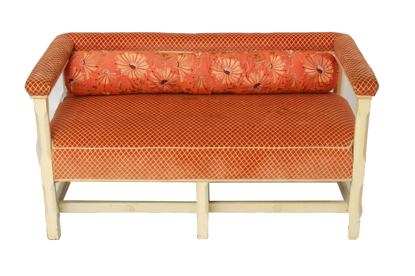 Arts & Crafts Style Wood Bench w Orange Upholstery (1 of 5)