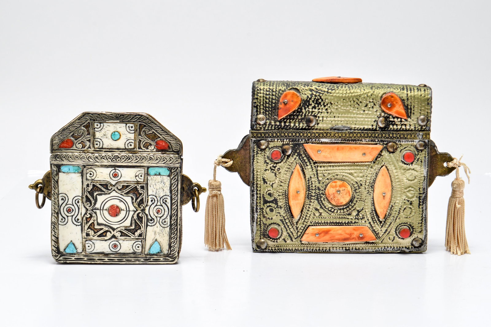 Koran Mixed Metal Boxes Bone, Coral & Turquoise Pr: Pair of Koran or Quran cases, Islamic, likely North African, brass and silver-tone metal with bone, coral, and turquoise tiles and accents. 5.25" H.