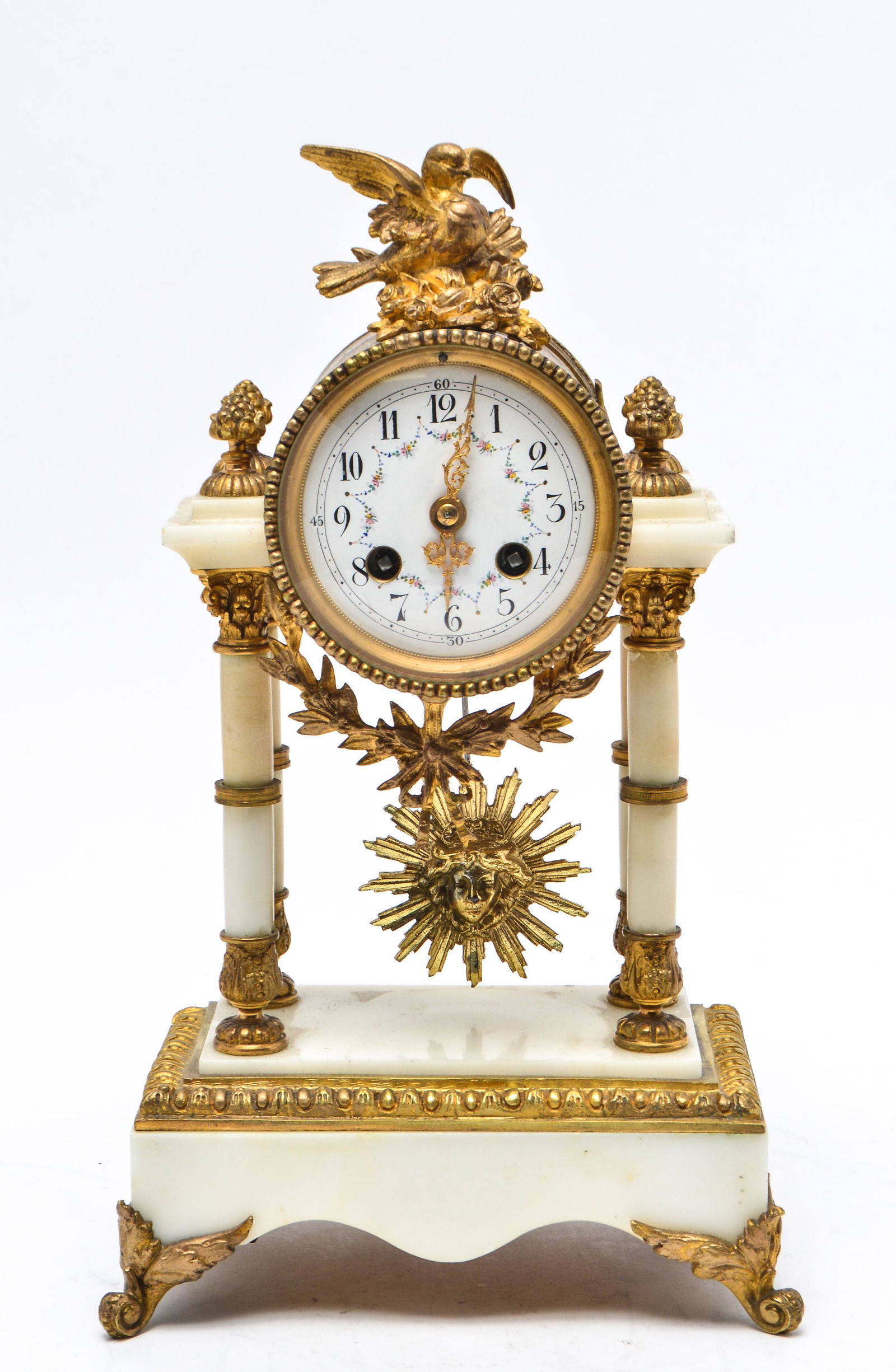 French White Marble & Bronze Portico Mantel Clock (1 of 12)