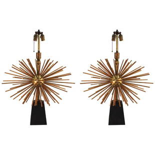 A. Pani Attrib Mid-Century Sputnik Bronze Lamps Pr: Attributed to Arturo Pani, Mid-Century Modern starburst sputnik table lamps, bronze starburst on black base. 34" H x 28" diameter.