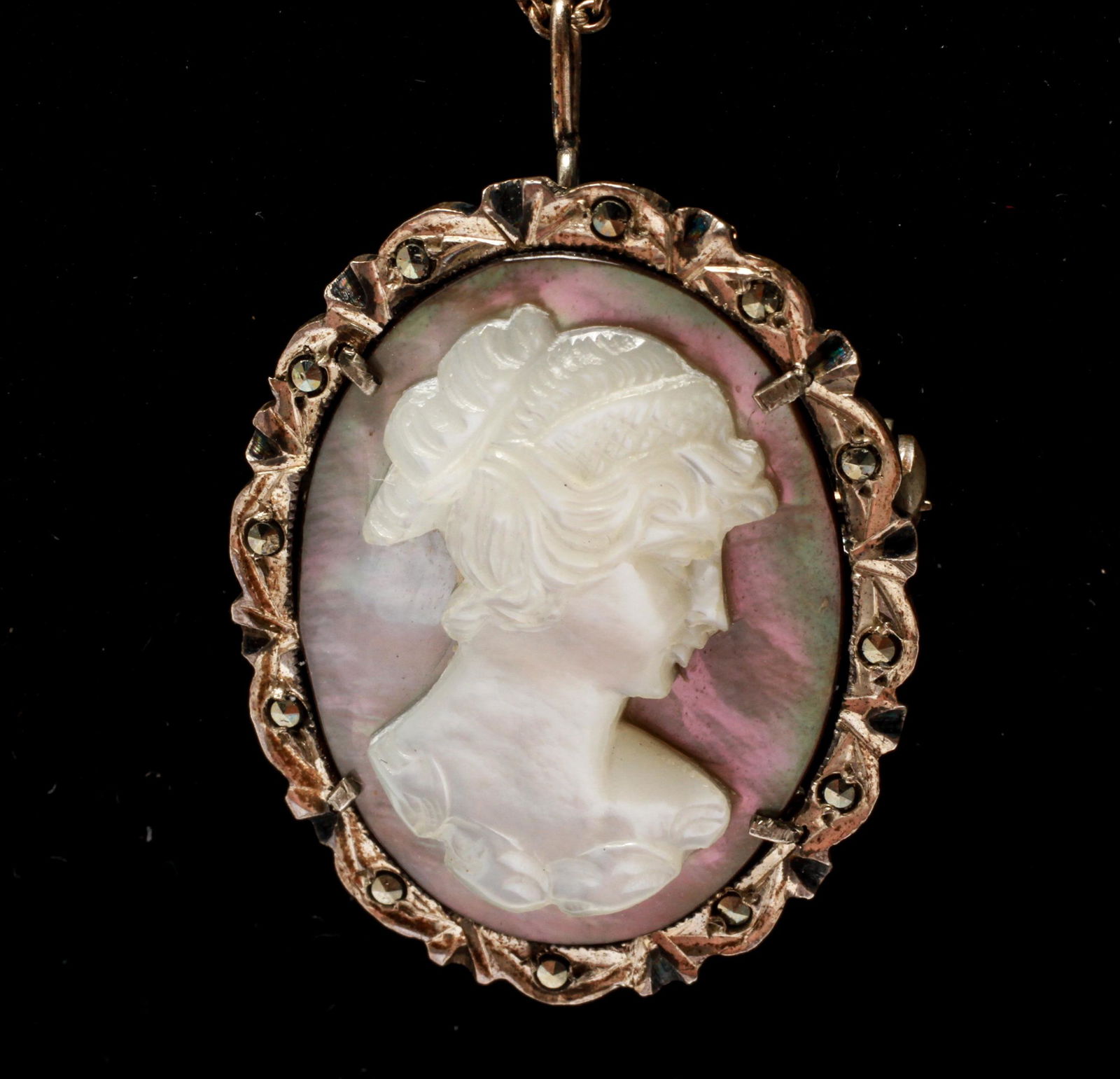 Silver Carved Cameo MOP & Abalone Brooch Necklace (1 of 7)
