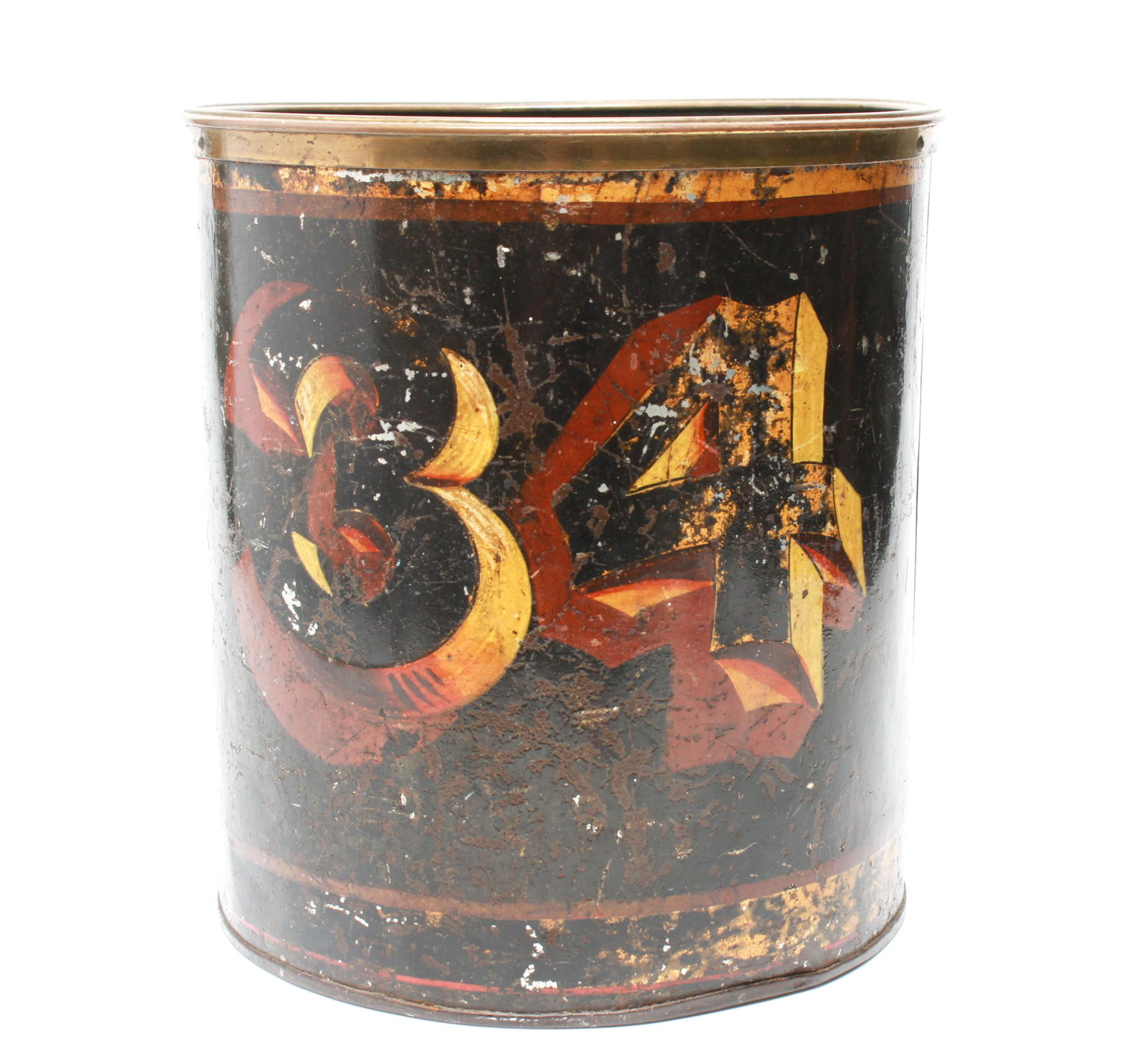 Vintage English Tole Peinte '34' Metal Rubbish Bin: Vintage English tole peinte metal rubbish bin or cache pot with hand-painted '34' to body, stamped '2 Narrow Wine Street Bristol.' 12" H x 11" diameter.